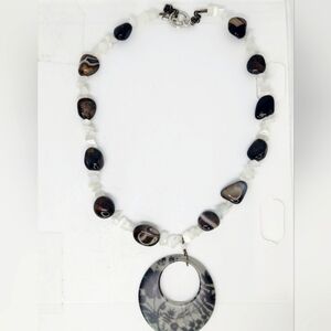 Black White Agate & Selenite Moon Glow Tumbled Bead Necklace W Floral Pendant